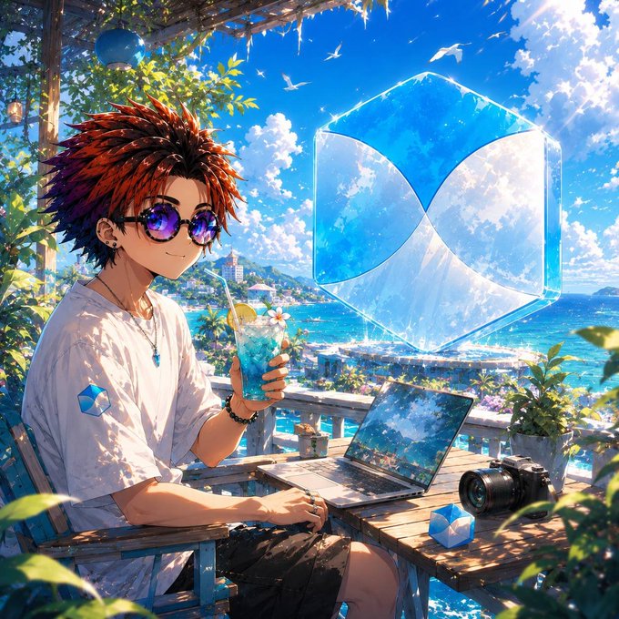 An anime-style illustration of a red-haired character wearing sunglasses, drinking a blue beverage at a seaside café with a laptop, with a large blue MetaMask logo floating in the background.