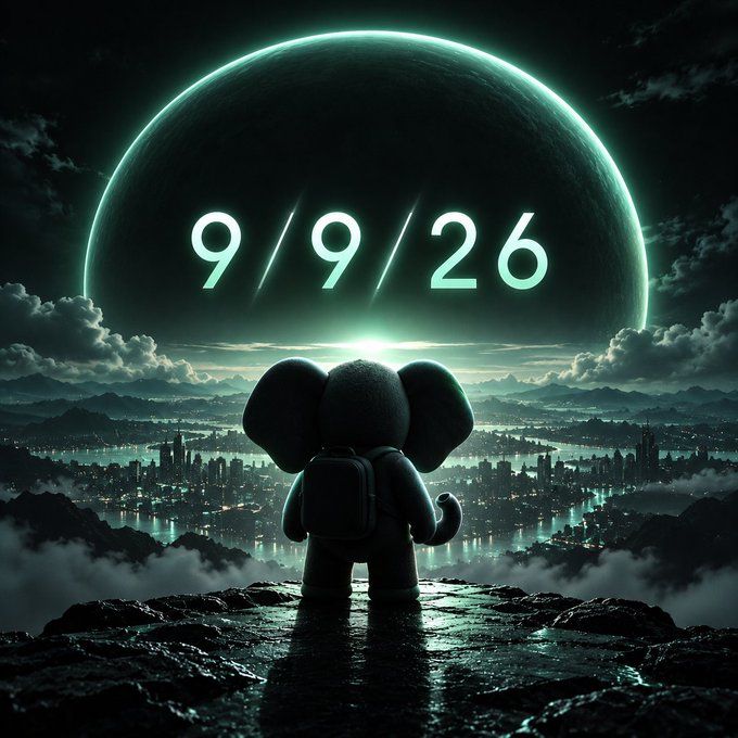A digital artwork of an elephant-shaped figure with a backpack standing on a cliff overlooking a futuristic city, with the date '9/9/26' displayed on a glowing planet.