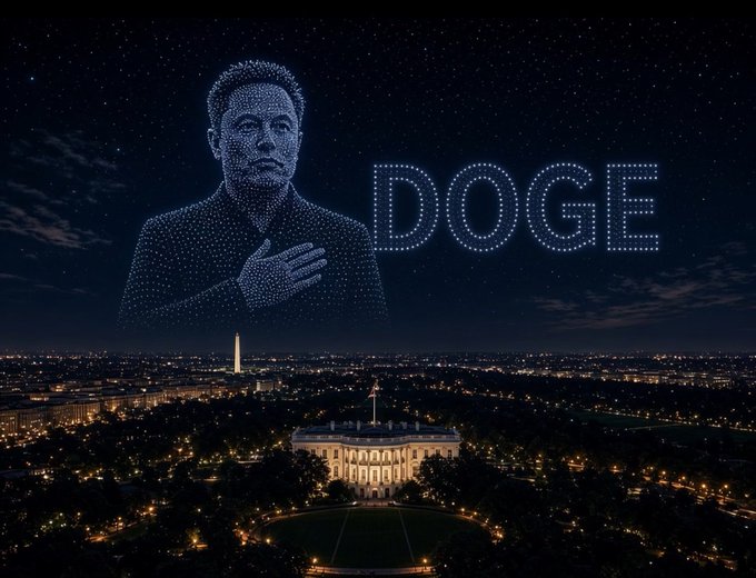 A nighttime aerial view of the White House with a giant hologram-like figure of Elon Musk overhead and the word 'DOGE' formed from lights in the sky.