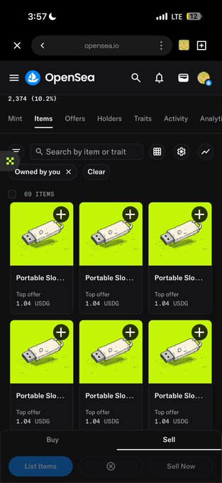 The image shows an OpenSea profile page (opensea.io) displaying exactly 69 items, all "Portable Slot..." NFTs with top offers of 1.04 USDG, which cleverly matches the "69" reference in the post as a playful nod to the meme.