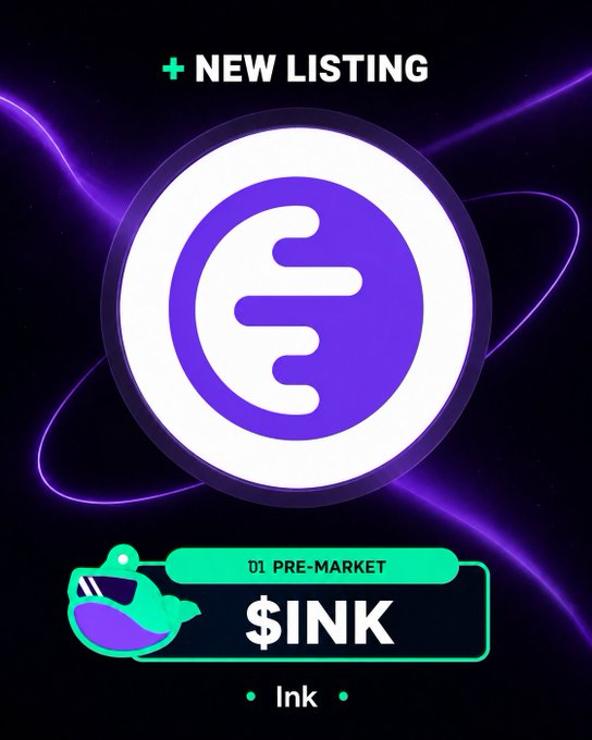 A bold promotional graphic announces a "NEW LISTING" with a large purple and white logo featuring a stylized "E" symbol, set against a dark background with glowing purple ribbons. At the bottom, a teal banner labels it as "01. PRE-MARKET" with the ticker "$INK" and the name "Ink," alongside a cartoon character in a space helmet, visually reinforcing the post's announcement of a potential Ink airdrop opportunity.