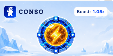 Game-style graphic featuring 'CONSO' branding with a polar bear mascot and a 'Boost: 1.05x' indicator next to a glowing blue circular device with a lightning bolt symbol.