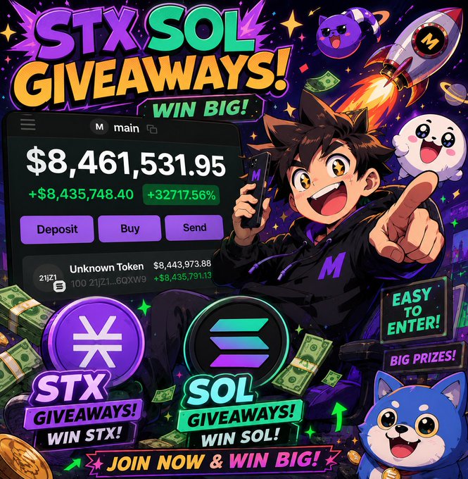 A vibrant anime-style promotional graphic advertises "STX SOL GIVEAWAYS!" with a cartoon character excitedly pointing at a crypto wallet displaying a balance of "$8,461,531.95" (+$8,435,748.40), alongside bold calls to "JOIN NOW & WIN BIG!" and "EASY TO ENTER! BIG PRIZES!"—directly tying into the post's call for users to drop their $SOL addresses and engage to win cryptocurrency prizes.
