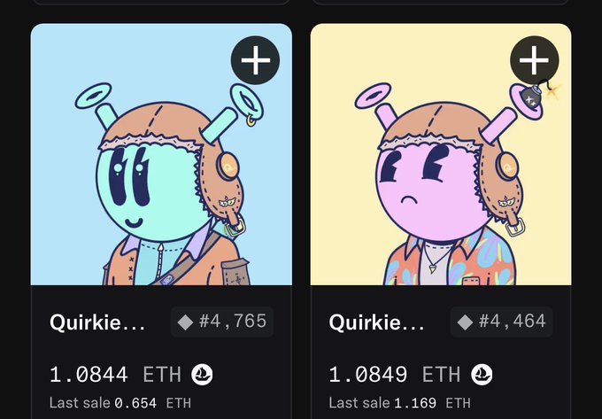 NFT listings on a marketplace showing two Quirkie character cards (#4,765 and #4,464), both priced at approximately 1.0844 ETH and 1.0849 ETH respectively, with last sale prices of 0.654 ETH and 1.169 ETH.