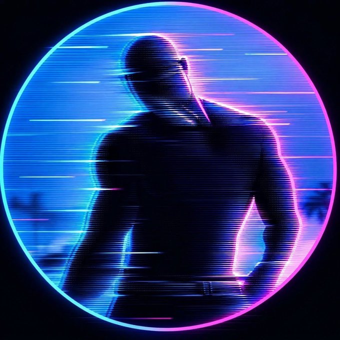 A glitch-art style image featuring the dark silhouette of a muscular figure within a circular frame of neon blue and pink, with horizontal distortion lines and a cityscape in the background.