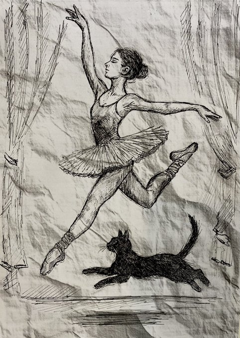 A detailed pencil sketch on crumpled paper showing a ballerina in mid-leap wearing a tutu and pointe shoes, with a black cat leaping beneath her among hanging props.