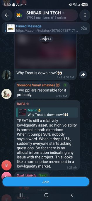 A Telegram screenshot from the "SHIBARIUM TECH" group (17,928 members) shows a pinned message from user "Jay" asking "Why Treat is down now???" followed by user "Someone Smart" blaming two people, while user "BAPA" replies that TREAT is a low-liquidity asset experiencing normal volatility. The post ridicules "Someone Smart" for deflecting blame and dismisses the explanation as FUD by pointing out that a $300 sell-off on MEXC doesn't warrant attributing price drops to specific individuals.
