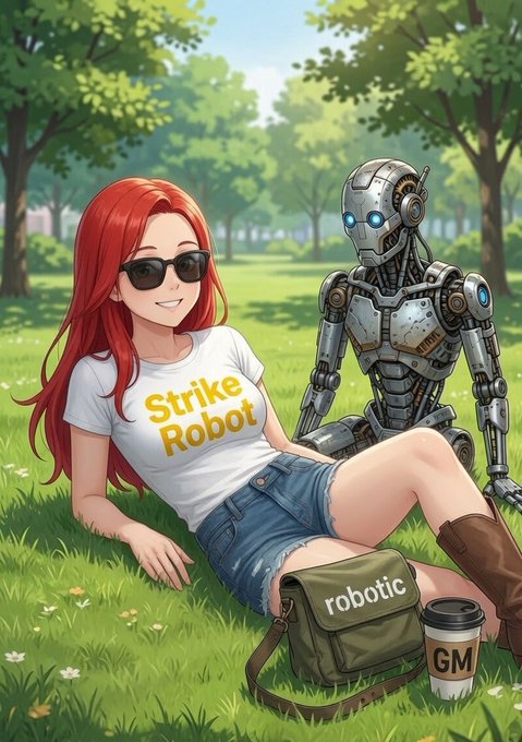 A red-haired woman in a "Strike Robot" t-shirt and sunglasses lounges on the grass in a park alongside a humanoid robot, with a green "robotic" bag and a "GM" coffee cup beside them—visually echoing the post's invitation to "touch the grass" while staying focused on robotics, humanoids, and Physical AI as the alpha themes for the Sunday discussion.