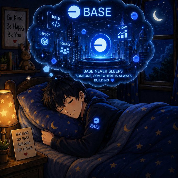 An illustration of a person sleeping peacefully in bed with a dream bubble above them showing the Base blockchain logo and the text 'BASE NEVER SLEEPS SOMEONE, SOMEWHERE IS ALWAYS BUILDING' surrounded by icons labeled 'BUILD', 'DEPLOY', 'CONNECT', and 'GROW'.