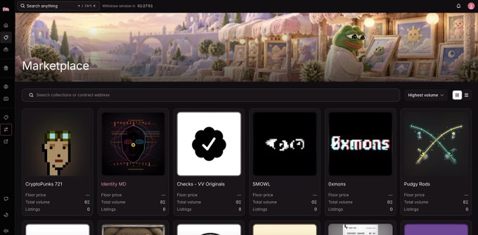 A screenshot of an NFT marketplace interface displaying various collections including "CryptoPunks 721", "Identity MID", "Checks - VV Originals", "SMOWL", "0xm0ns", and "Pudgy Rods", supporting the post's claim that $FWA has evolved beyond its liquidity-layer origins to launch its own marketplace. The image illustrates the platform's expansion into trading infrastructure as part of its broader "Fake World" ecosystem.