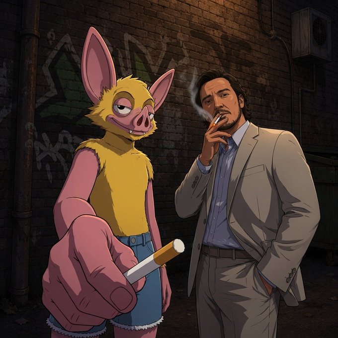 The image depicts a gritty animated scene where a man in a gray suit smokes a cigarette while standing next to a muscular anthropomorphic pig-like character in a yellow tank top who offers him a cigarette, set against a brick wall with graffiti. The caption reflects the post's message about trusting your instincts and having street smarts, embodying that vibe through the urban setting and the confident, world-wise demeanor of the suited man being approached in a back alley.
