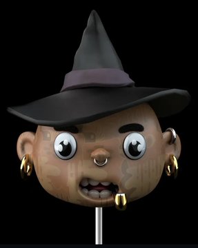 A stylized 3D figurine head featuring large expressive eyes, a witch's hat, and gold hoop earrings is mounted on a black background.