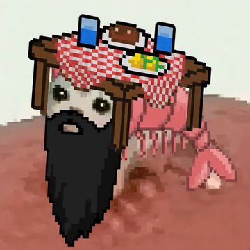 A pixel art animation of a cartoonish figure with a long black beard carrying a table on their head covered with a red-checkered cloth, set in a desert-like landscape.