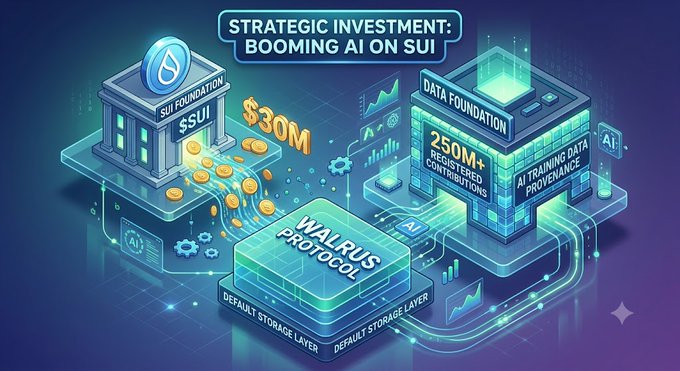A digital infographic titled 'STRATEGIC INVESTMENT: BOOMING AI ON SUI' illustrating connections between 'SUI FOUNDATION', '$30M', 'WALRUS PROTOCOL', and 'DATA FOUNDATION' with 250M+ contributions.