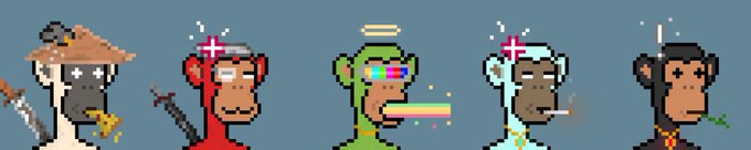 Five pixel-art monkeys styled as NFT profile pictures (PFPs) line up in a row, each with unique traits like crowns, halos, and rainbow features, likely representing a collection of digital collectible cards on the Ethereum mainnet.