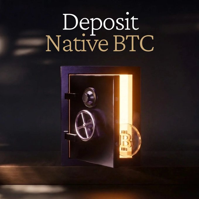 A promotional graphic showing an open black safe revealing a glowing golden Bitcoin coin inside, with the text "Deposit Native BTC" displayed above.