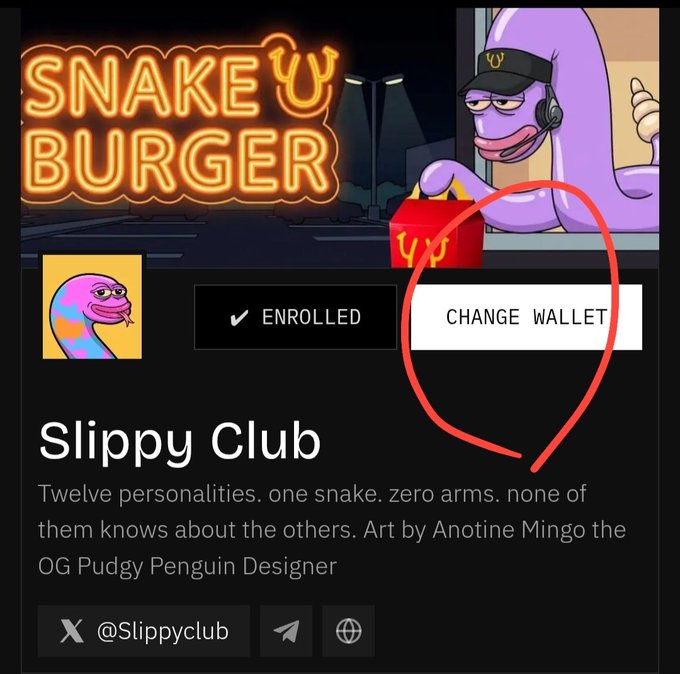 A 'Slippy Club' NFT profile page on 'Snake U Burger' with an 'ENROLLED' status, where the 'CHANGE WALLET' button is circled in red, alongside a purple snake character wearing a black cap.