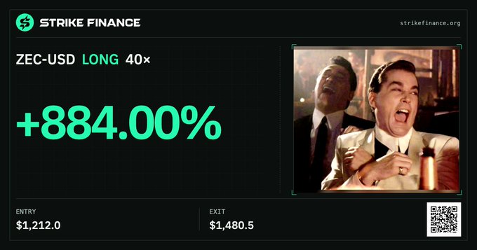 A Strike Finance promotional image showing a ZEC-USD LONG 40x trade with a +884.00% gain (Entry $1,212.0, Exit $1,480.5), accompanied by a meme image of Leonardo DiCaprio laughing and clapping.