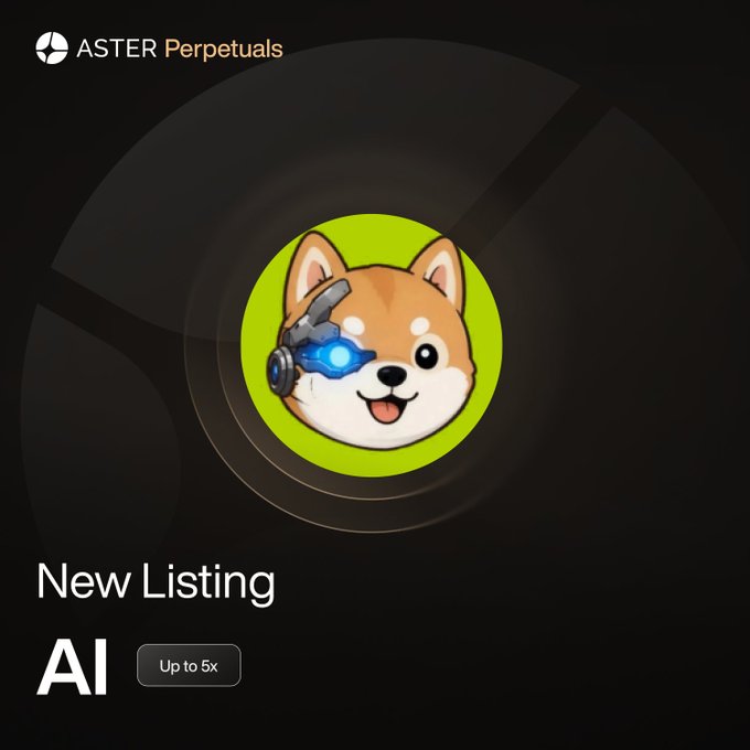 A promotional graphic from Aster Perpetuals announces a new listing of the $AI token (contract 0x2E8c31162b855A2ffa90F6F8634643Ad6F111e18) with up to 5x leverage, featuring a cartoon Shiba Inu mascot with a glowing cybernetic eye on a green circular badge.
