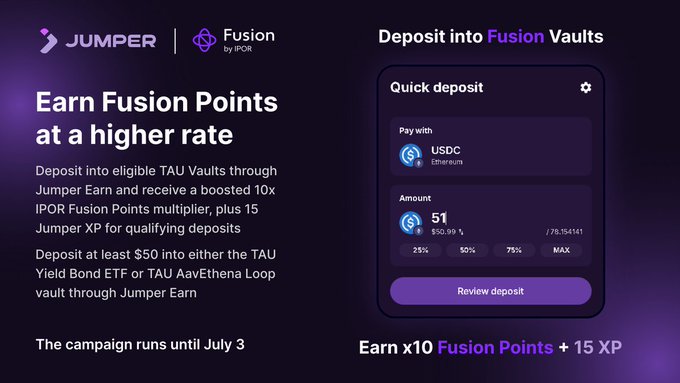 The image features a purple background with white text that reads "Jumper app" at the top of the screen. Below this, there are two lines of text providing information about the app's rewards system. The first line states that users can earn Fusion Points by depositing into fusion vaults and receiving quick deposits in return. The second line explains how to access these points: users should deposit into a vault, receive a 10x reward, and then deposit back into another vault for a total of 15 XP.