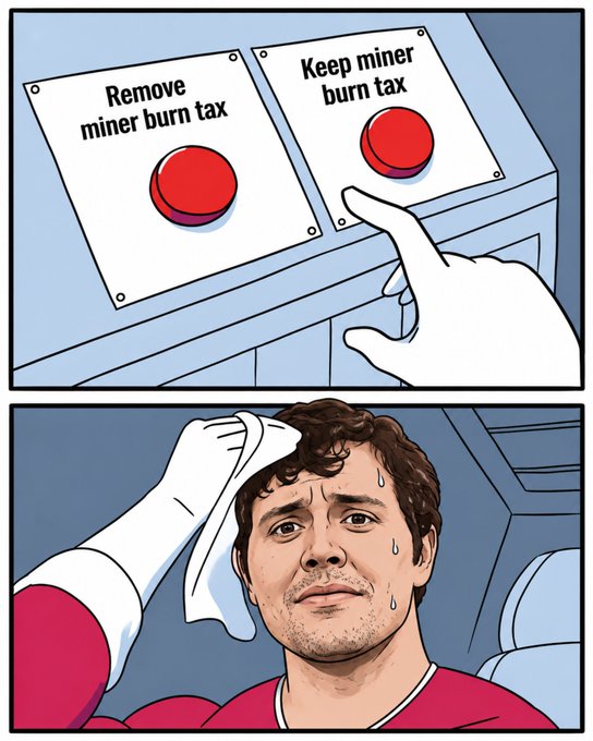 A two-panel comic shows a hand sweating over a choice between two red buttons labeled "Remove miner burn tax" and "Keep miner burn tax," followed by a nervous-looking man wiping sweat from his forehead—illustrating the tense decision around the miner burn tax ($TAO) that was briefly removed in spec 444 and quickly restored in 445.