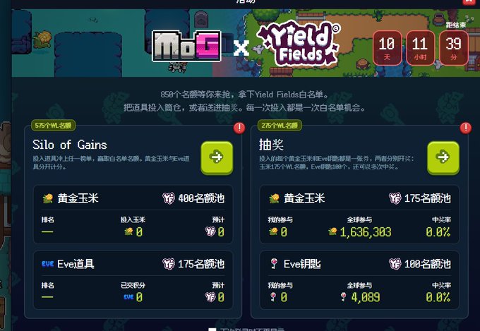 A screenshot of a collaboration between 'MoG' and 'Yield Fields' featuring a countdown timer of 10 days, 11 hours, 39 minutes, and two event panels called 'Silo of Gains' and '抽奖' with rewards including golden corn and EVE keys.