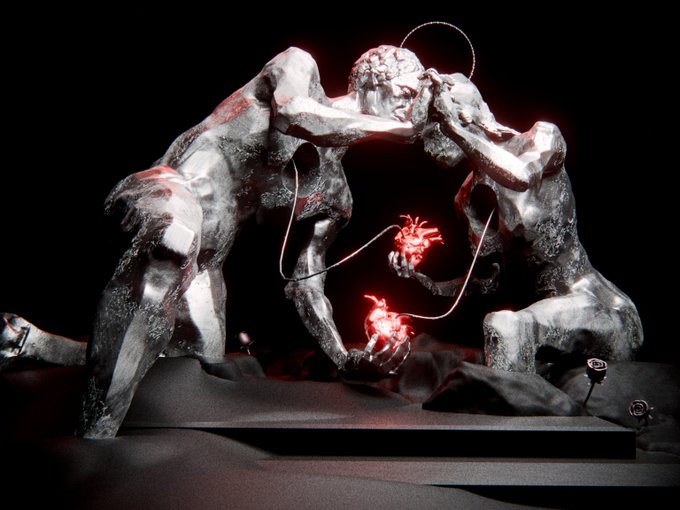 A surreal dark sculpture of two emaciated humanoid figures with silver/chrome textures and glowing red anatomical hearts, one figure wearing a halo.