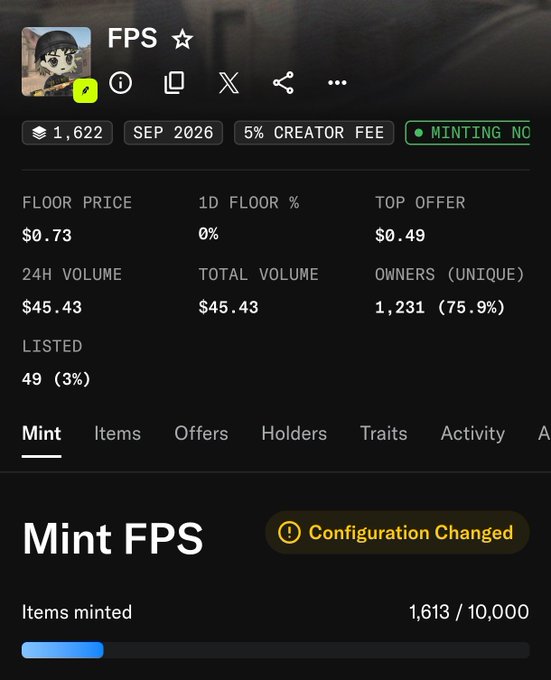 The image shows an OpenSea NFT collection page for "FPS" with 1,622 total items, a floor price of $0.73, 24-hour volume of $45.43, and 1,231 unique owners, while the mint section displays that 1,613 out of 10,000 items have been minted with a "Configuration Changed" notice. The "5% CREATOR FEE" and "MINTING NO" tags confirm this is the collection referenced in the post about a free mint opportunity.