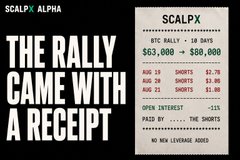 The image shows a promotional graphic for "ScalpX Alpha" featuring bold text reading "THE RALLY CAME WITH A RECEIPT," alongside a stylized trading receipt detailing BTC's move from $63,000 to $80,000, including data on longs and shorts count, AGE, and a notable -11% drop in open interest.

The image directly visualizes the post's thesis about BTC's rally to $80k being driven by short squeezes rather than new leverage entering the market, as the "receipt" highlights the -11% decline in open interest that accompanied the price surge.