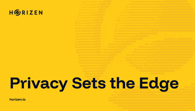 A yellow promotional graphic featuring the 'HORIZEN' logo, a large stylized 'H' pattern, and the text 'Privacy Sets the Edge' with 'horizen.io' at the bottom.