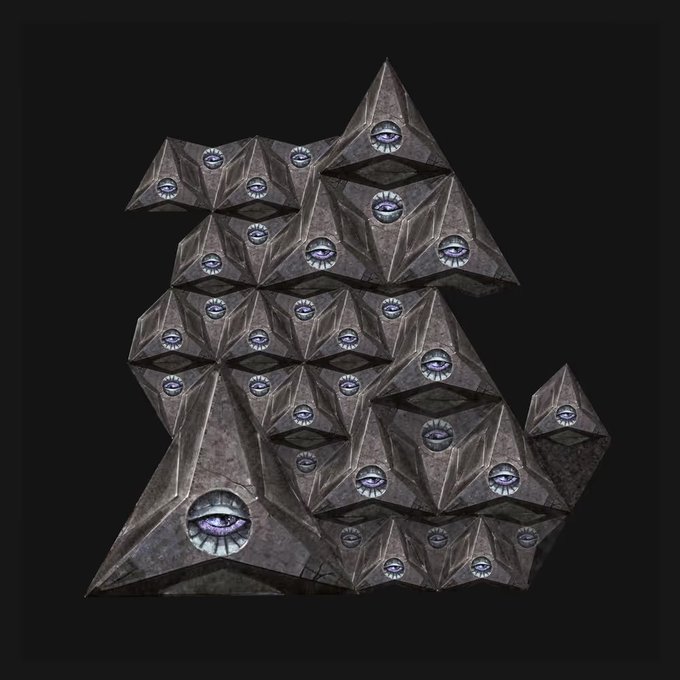 A cluster of dark, faceted geometric pyramid shapes studded with glowing purple eyes floats against a black background, visually embodying the post's description of "The Galactic Trinity replicated into a monolithic awe-inspiring bloc." The artwork, titled "Brutalist 01" by @Jesperish, exemplifies the Digital Expressionism style through its cold, industrial structure combined with eerie, watchful orbs.