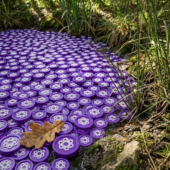 Hundreds of purple coins with an atom symbol design are scattered across wet ground near grass and a leaf.