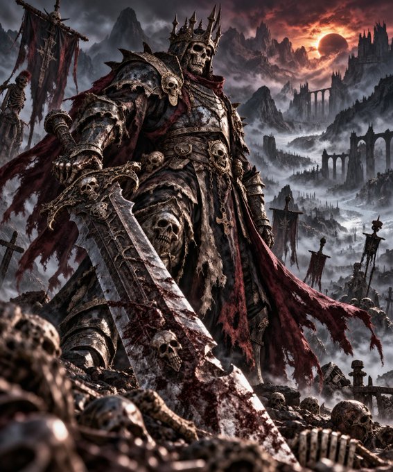 A dark fantasy digital artwork depicting a skeletal king in armor with a crown, holding a large sword, standing among skulls with a gloomy castle landscape and red sky in the background.