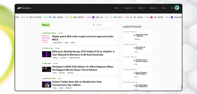 Screenshot of the Alphabit crypto news website showing headlines like 'Ripple gains EEA-wide crypto services approval under MiCA' and 'Solana Trades Near $81 as Weekly Non-Vote Transactions Top 1 Billion,' along with a ticker bar displaying prices for BTC, ETH, USDT, BNB, SOL, XRP and other coins.