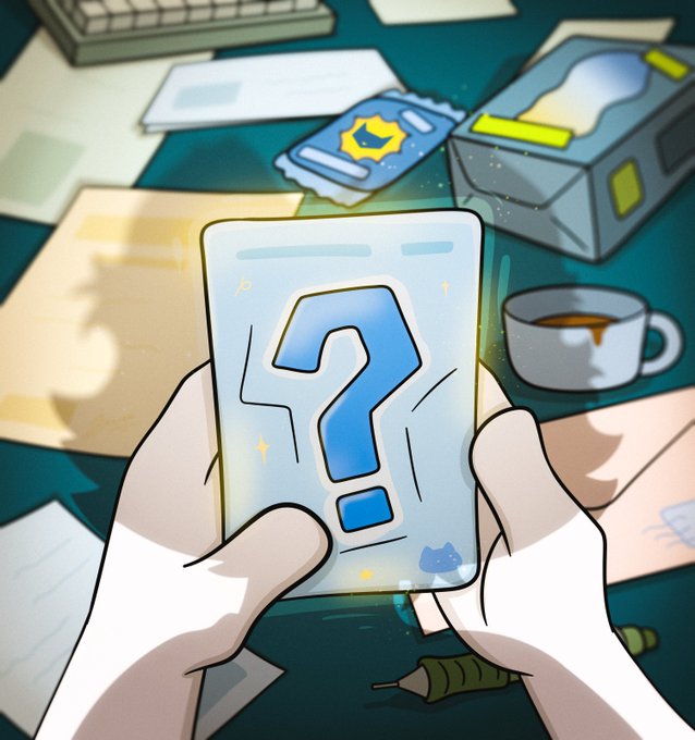 Two hands hold up a glowing card featuring a large blue question mark, surrounded by scattered papers, a tea-stained desk, an ID badge, and various office supplies, symbolizing the mysteries, milestones, and ongoing work behind the collection's achievements.