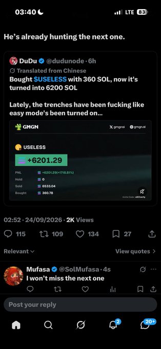 A mobile app screenshot showing a post by 'DuDu @dudunonde' discussing a Chinese 'GMGN' trade that bought $USELESS with 360 SOL which turned into 6200 SOL, showing +6201.29 profit.