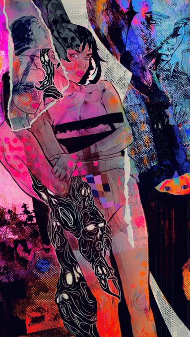 A vibrant mixed-media digital artwork depicting a stylized female figure in a strapless top, featuring pink, purple, and blue hues with collage and painted elements.