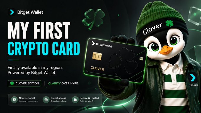 The image is a Bitget Wallet promotional ad featuring a "Clover Edition" crypto card held by an animated penguin mascot wearing a green beanie, with text reading "MY FIRST CRYPTO CARD" and "Finally available in my region." The penguin-themed card design directly ties to the poster's playful request to Bitget Wallet for a penguin-decorated crypto card.
