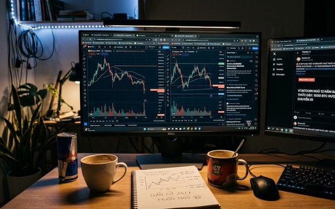 A trader's desk setup shows trading charts and Bitcoin/cryptocurrency data on dual monitors, accompanied by a coffee mug, Red Bull can, handwritten notes, and a Twitter feed on the right screen—capturing the 24/7 crypto trading lifestyle referenced in the post, with the monitors displaying price recovery patterns and market discussions that align with the timeline of BTC's rebound, BlackRock's blockchain developments, and the always-active nature of crypto markets.
