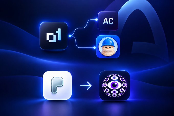 A digital graphic showing app icons including a printer, AC, and a cat in a construction hat at the top, with a 'P' logo transforming into an eye-patterned sphere below, set against a blue background.