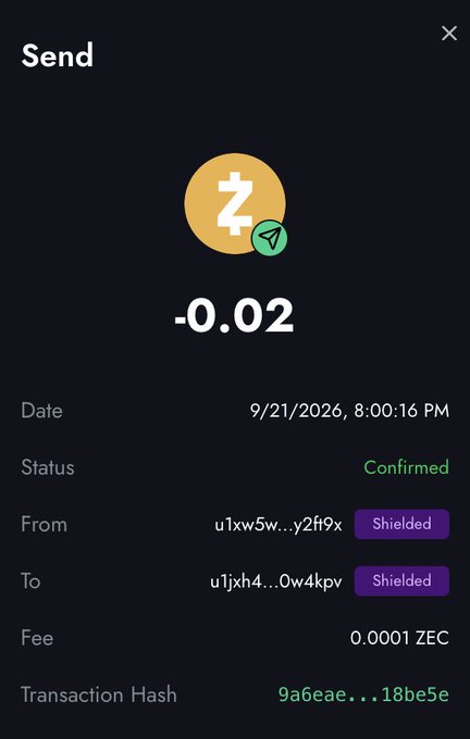 Zcash (ZEC) transaction confirmation screen showing a Sent amount of -0.02 with both From and To addresses marked as 'Shielded', Status 'Confirmed', dated 9/21/2026, 8:00:16 PM.