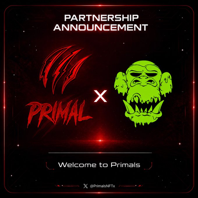 A partnership announcement graphic with a red claw mark logo labeled 'PRIMAL' paired with a green gorilla head logo, captioned 'Welcome to Primals' and tagged @PrimalsNFTx.
