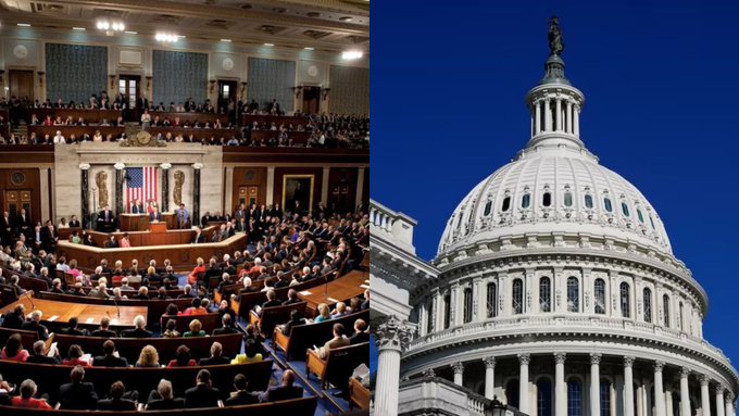 The image is a split composition showing the U.S. House of Representatives chamber filled with members on the left, and the iconic white dome of the U.S. Capitol building against a clear blue sky on the right. This imagery directly relates to the post's announcement of a Senate procedural vote on the CLARITY Act, which would unlock over $30 trillion for the crypto industry, highlighting the legislative branch's role in shaping cryptocurrency regulation.
