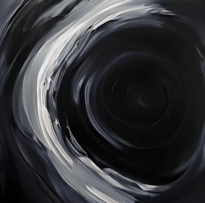 A dark, abstract digital painting with swirling gray and black brushstrokes forming a vortex-like pattern.