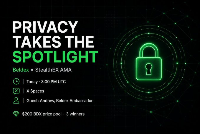 Event announcement for 'PRIVACY TAKES THE SPOTLIGHT' - a Beldex x StealthEX AMA on X Spaces at 3:00 PM UTC featuring Andrew as Beldex Ambassador, with a $200 BDX prize pool for 3 winners.