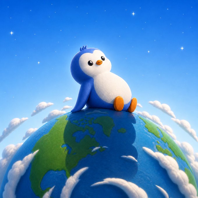 A cute 3D-rendered blue and white penguin sits atop a small Earth globe surrounded by fluffy clouds against a starry blue sky.