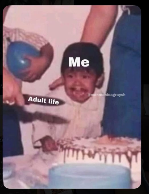 A vintage photo meme showing a crying child labeled 'Me' being cut with a knife labeled 'Adult life' in front of a birthday cake.