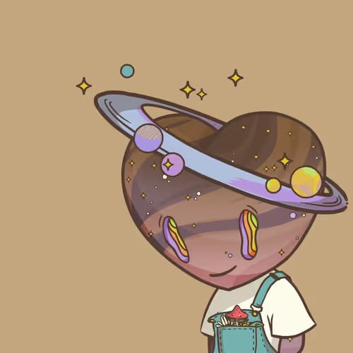 A cute cartoon illustration of a planet with a ring system, featuring a smiling face, colorful swirl eyes, and starry details, dressed in a white shirt and teal overalls holding a small red object.