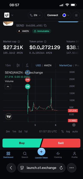A mobile screenshot of a cryptocurrency trading platform (o1.exchange) showing SEND/AMZN token with a market cap of $27.21K and price of $0.0₄272129.