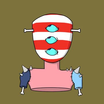 A cartoon drawing features a surreal character with a red-and-white striped oval head containing three cyan eyes, a pink torso, and clawed gloves, set against an olive-green background.